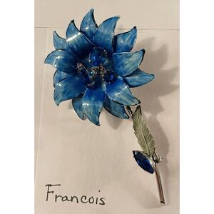 Vintage Francois Coro Blue Enamel Flower Brooch Rhinestone Stem Pin 3D Signed